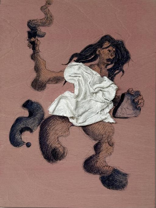 Liberty, running away from all the crazy people…, by Hakan Unlu, Ballpoint pen on wooden panel, 2026